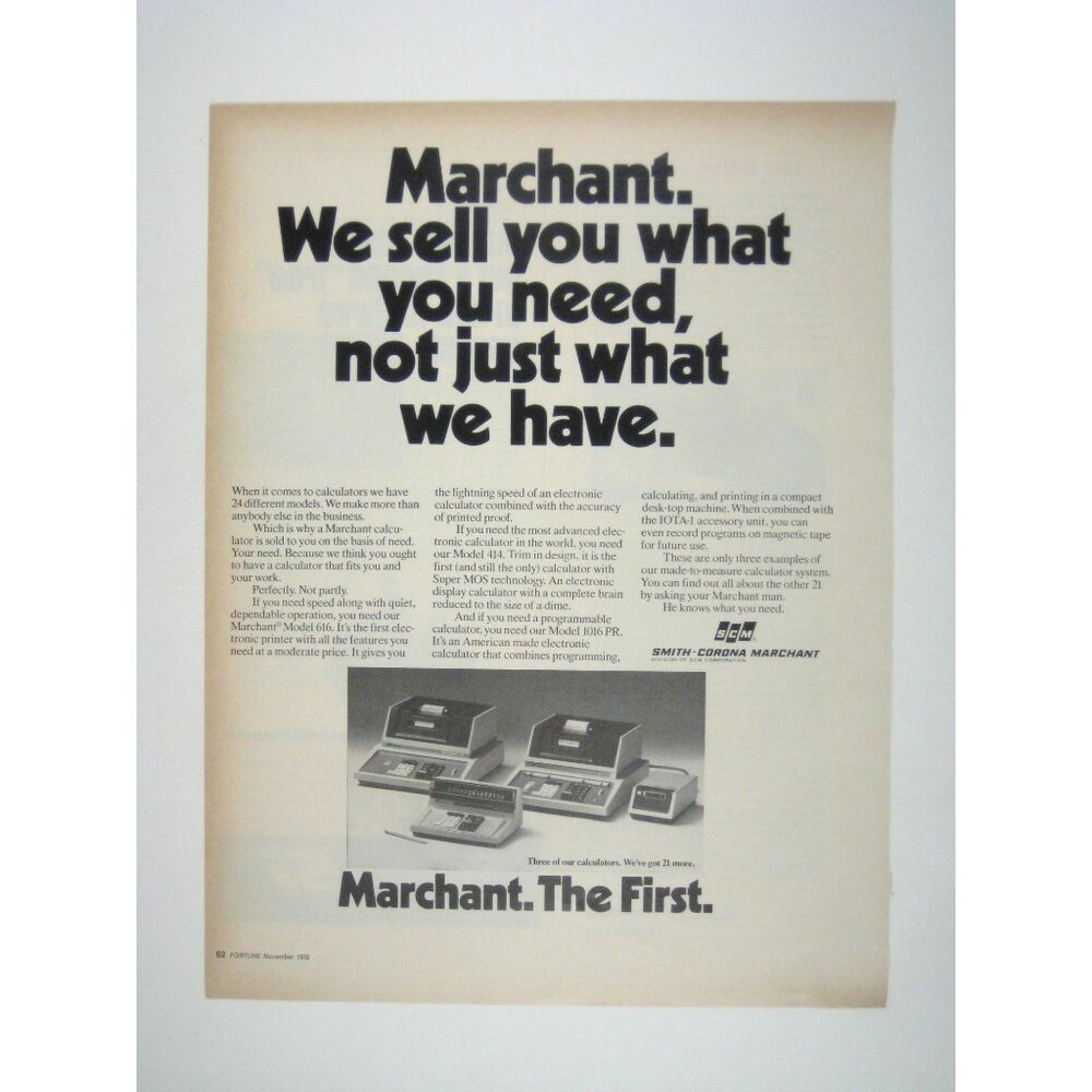 Smith-Corona Marchant Vintage Calculator Advertisement Print 1970